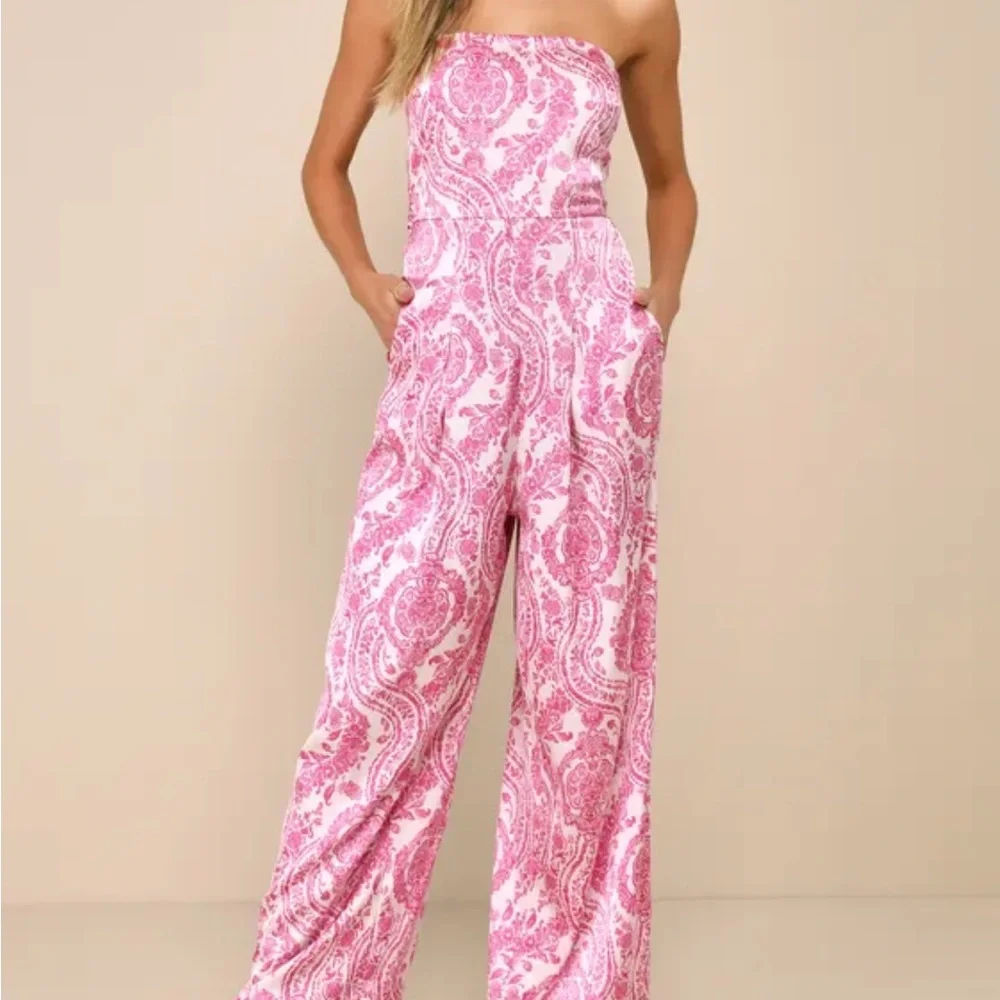 Bali Babe Ivory and Pink Boho Print Strapless Wide-Leg Jumpsuit - Picture 1 of 3